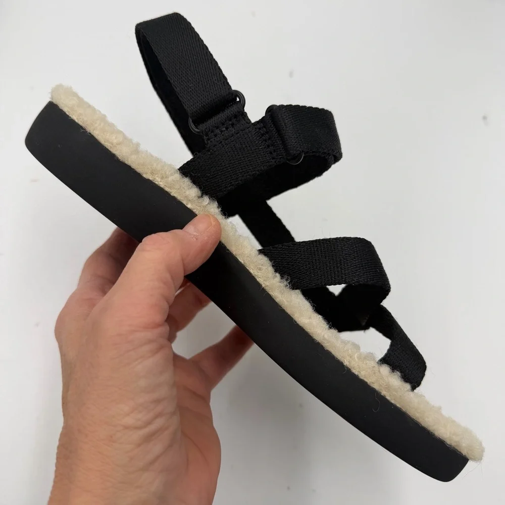 NEW Everlane Black ReNew Teddy Faux Fur Sport Sandal in Size 6